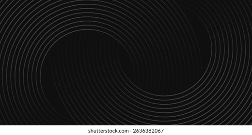 Abstract black glowing geometric lines on dark black background. Modern shiny black circle lines pattern. Futuristic technology concept. Suit for cover, poster, banner, brochure, header, website.