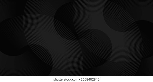 Líneas geométricas brillantes negras Abstractas Patrón de líneas circulares grises brillantes modernas, Anillos degradados grises negros modernos. ilustración eps 10.