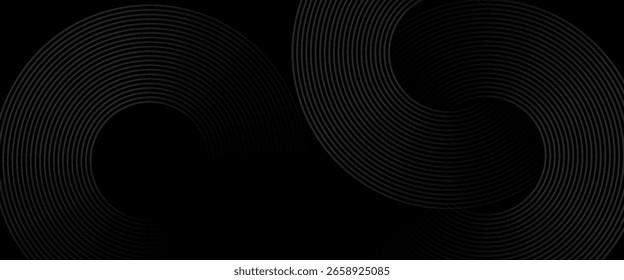 Abstrakte schwarz glühende geometrische Linien modernen glänzenden grauen Kreislinien Muster. Schwarzer abstrakter Hintergrund mit Kreislinien. Moderne schwarze graue Farbverlauf-Ringe.