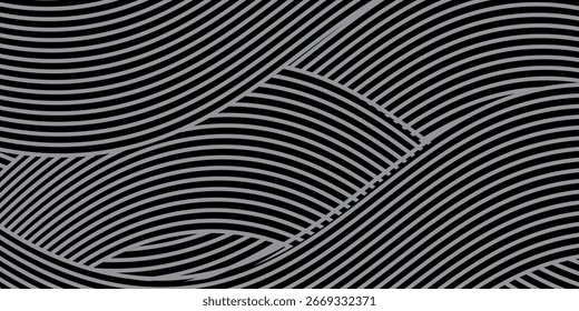 Abstractas líneas geométricas brillantes negras patrón de líneas circulares grises brillantes modernas, anillos degradados grises negros modernos.