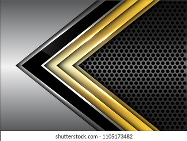 Abstract black gold arrow line on metal dark gray circle mesh design modern futuristic background vector illustration.