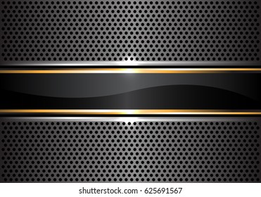 Abstract black gold banner on metal gray circle mesh design luxury background vector illustration.