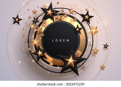 Abstract black and gold circle background with stars