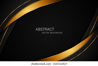 Abstract black and gold curves overlaid on dark steel mesh background with free space for design.
