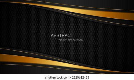 Abstract black and gold curves overlaid on dark steel mesh background with free space for design.

