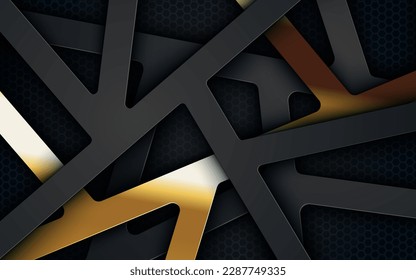 Resumen de fondo de textura hexagonal de línea triangular de dimensión negra y dorada. vector eps10