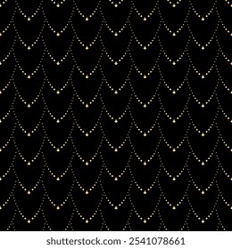 Abstractas patrón de puntos negros y dorados. Fondo de escamas de pescado de Vector sin costuras para textiles, telas, moda de lujo, cortina.