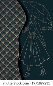 abstract black and gold fashion illustration woman with umbrella