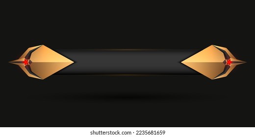 Abstract black and gold game title button with glowing red star gem, blank lower third title banner bar for game ui interface design