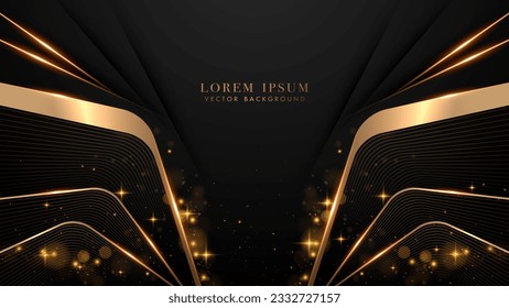 Abstract black and gold geometric shapes with shiny dots effects and bokeh element decoration on dark background. Luxury style vector design