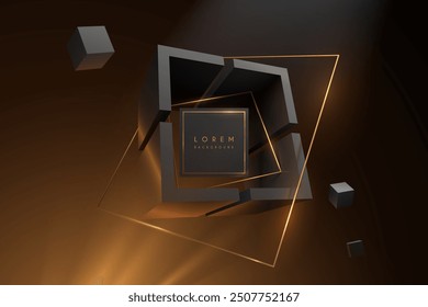 Abstract black and gold geometric shapes with light effect