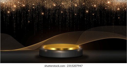 abstract black and gold glitter background with cylinder podium product. vector illustration