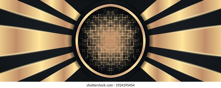 Abstract black and gold gradient glow circle background. light beam symbol. dot circle and square pattern use horizontal layout.