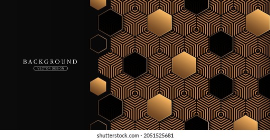 Abstract Black And Gold Hexagon Pattern Background. Modern Simple Overlay Geometric Texture Creative Design. Luxury And Elegant Style Graphic. Suit For Poster, Cover, Banner, Flyer, Brochure, Website