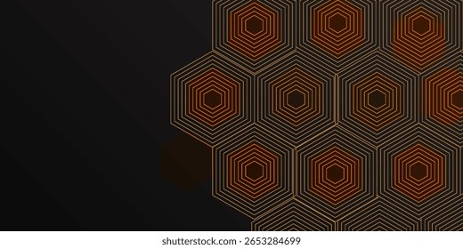 Abstract black and gold hexagon pattern background. Modern simple overlay geometric texture creative design. Luxury and elegant style graphic. Suit for poster, cover, banner, flyer, brochure, website