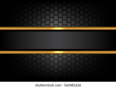 Abstract black gold line banner on hexagon mesh pattern design modern luxury background vector illustration.