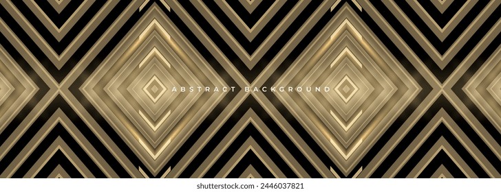 Abstract black and gold luxury background with 3d geometric golden rhomb shapes pattern texture. Vector illustration wide banner.