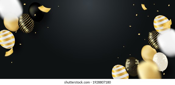 Abstract. Black And Gold Luxury Celebration Background. Design With  Balloon. Vector.