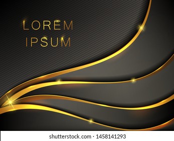 Abstract black gold metallic wavy banner realistic vector illustration. Black matte background and waves or curved lines of yellow golden metal with a radiant shine, design pattern