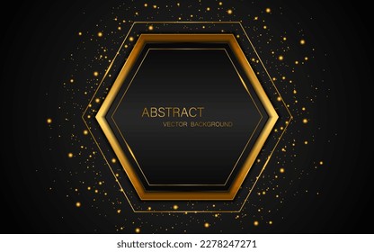 Abstract black and gold polyhedron is elegant and has glittering gold particles on the back with empty space for design. Premium luxury black background. vector illustration
