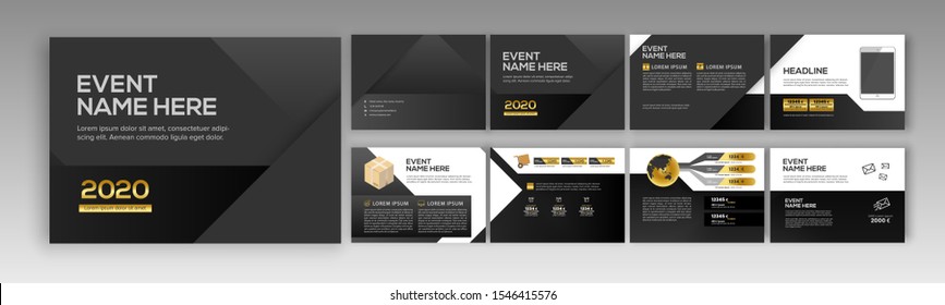 Abstract Black, Gold, slides. Brochure cover design. Fancy info banner frame. Creative set of infographic elements. Urban. Title sheet model set. Modern vector. Presentation templates, corporate.