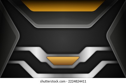 Abstract black and gold technology background with metal borders