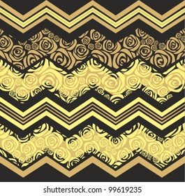 Abstract black and  gold vector wave pattern with rose flowers