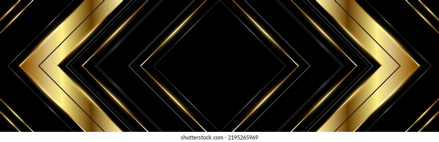 Abstract black and gold wide luxury background with golden triangles and 3d arrows. Vector illustration