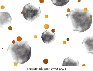 Abstract black golden grunge background with watercolor paint circles. Vector illustration