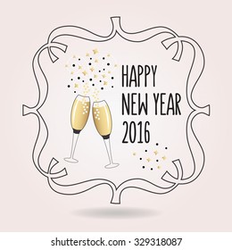 Abstract black and golden Happy New Year 2016 cheers icon with pair of champagne glasses and some confetti on pink gradient background