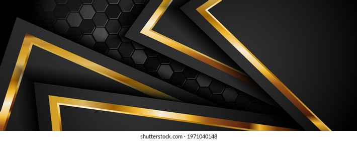 Abstract Black and Golden Lines Background Design Isolated on Hexagon Background.