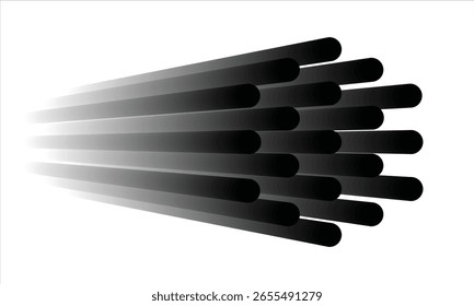Fondo Abstractas de ráfaga de rayos de cilindros 3D degradados negros. Forma de Ilustración vectorial de cilindro negro 3D con efecto de desvanecimiento de degradado en diseño de Perspectiva Horizontal