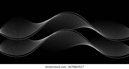 Abstract black gradient background with shining lines waves. Minimalist background for banner, poster, cover, brochure, flyer, website.