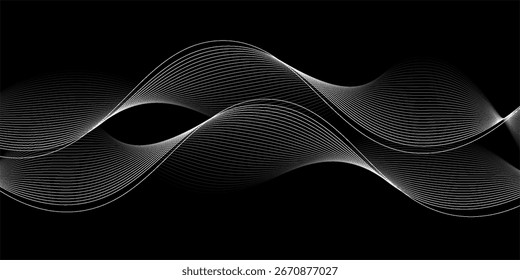 Abstract black gradient background with shining lines waves. Minimalist background for banner, poster, cover, brochure, flyer, website.
