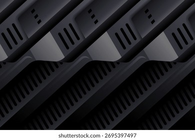 Abstract black gradient layered background with dynamic diagonal stripe lines and shadow. Modern and simple template banner design on horizontal layout. Elegant concept vector illustration