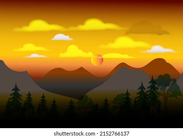 Abstract black gradient orange background, evening elements in forest and mountains. EPS-10 Vector Design