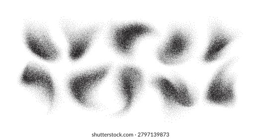 Abstract black grainy spots and soft blurred shapes on white background, minimal monochrome texture with organic forms and shadowy smudges