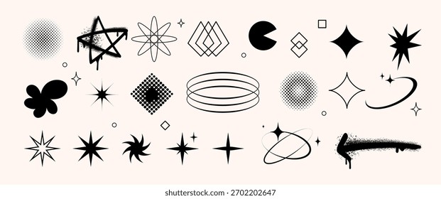 Abstract black graphic elements set with stars, arrows, circles, geometric shapes, and halftone textures in a minimal modern style, for posters, branding, digital design, covers, and web. Vector 