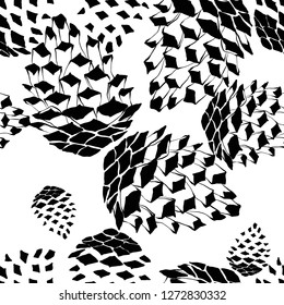Abstract black graphic pattern. Geometric ornament with flowers , . Line art, with pine cone botanica, embroidery background. Bandanna, shawl, scarf, tablecloth design for textile fabric print.
