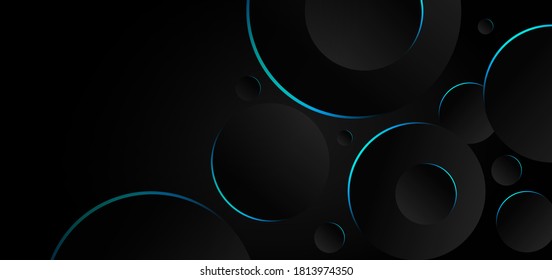 Abstract black and gray circles overlapping background blue neon border. Technology concept. Vector illustration
