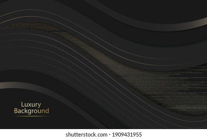 Abstract black and gray color overlapping geometric shapes on dark background with golden glitter dots. Luxury Vector illustration background.