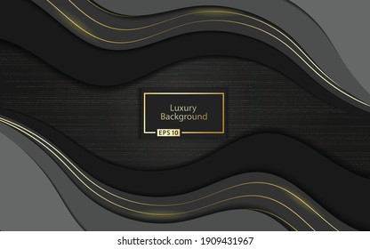 Abstrakte, schwarz-graue, sich überlappende geometrische Formen auf dunklem Hintergrund mit goldenen glänzenden Punkten. Luxuriöser Vektorgrafik-Hintergrund.