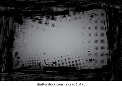 Abstractas fondo grunge negro y gris con puntos de semitono, texturas ásperas, arañazos y marco angustiado. Ideal para carteles, Anuncios y diseño urbano.