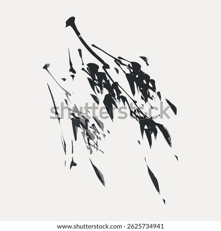 Abstract black and gray ink strokes create a dynamic, flowing pattern on a light background, resembling leaves or feathers in motion. Minimalist and expressive design. Vintage illustration vector.