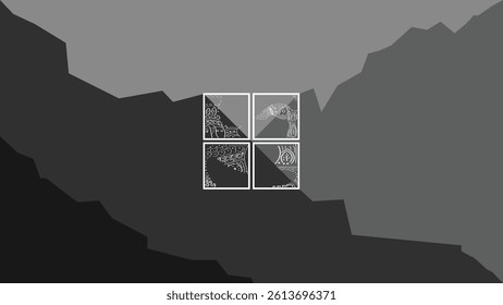 Abstract black and gray landscape with geometric window layout. Cultural line art fills each panel, combining grayscale tones, minimalist forms, and traditional patterns in a modern composition.