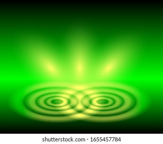 Abstract black and green background with rays of light and water ripples. Vector illustration