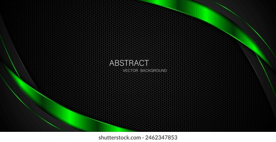 Abstract black and green curves with green  lines on dark steel mesh background. with free space for design. modern technology innovation concept background