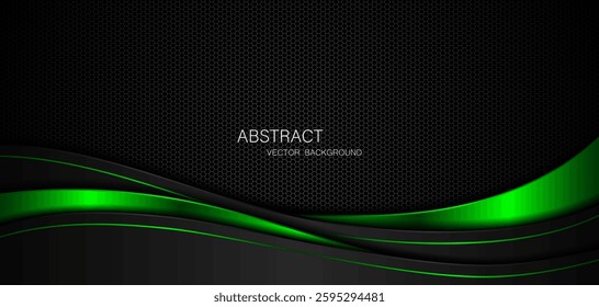Abstract black and green curves on dark steel mesh background with free space for design. modern technology innovation concept background	