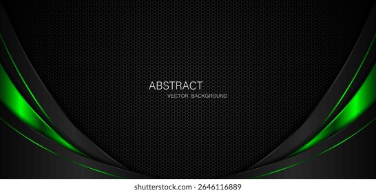 Abstract black and green curves on dark steel mesh background with free space for design. modern technology innovation concept background