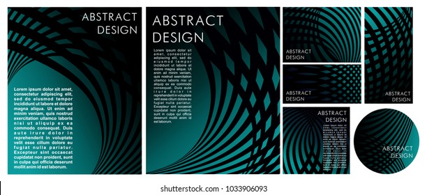 Abstract in black and green with the effect of glow, web and intersection in a linear-geometric style, a set of different formats (book, disc, business card, banner)
